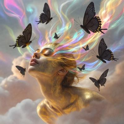 The primary subject of the image is a woman with a unique and artistic appearance. She has a head full of butterflies, which adds a whimsical and creative touch to her look. The setting is a cloudy sky, which serves as a beautiful and dreamy backdrop for the scene. The visual style of the image is a combination of photo and digital art, creating a surreal and captivating atmosphere. The colors and mood of the image are predominantly warm and vibrant, with the but